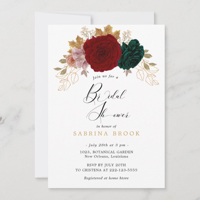 Convite Chá de panela Autumanal Dourado Burgundy Emerald (Frente)