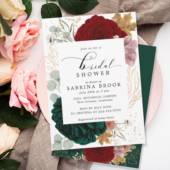 Convite Chá de panela Autumnal Burgundy Emerald Greeny (Criador carregado)