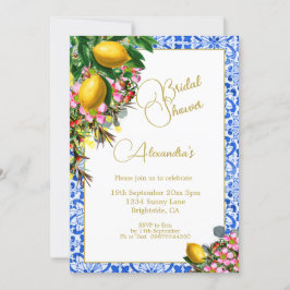 Convite Chá de panela Azul Azulejo Branco Limões Floral