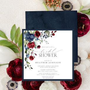Convite Chá de panela Azul Borgonha Floral Marinho