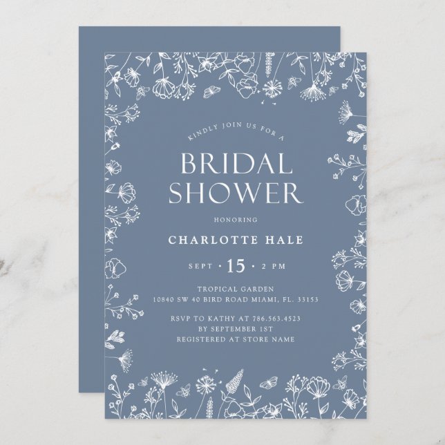 Convite Chá de panela Azul Botânico (Frente/Verso)