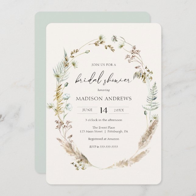 Convite Chá de panela Azul Buquê Seco da Boêmia (Frente/Verso)