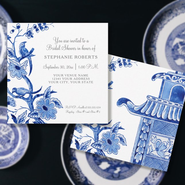 Convite Chá de panela Azul Chinoiserie Floral Watercolor (Criador carregado)