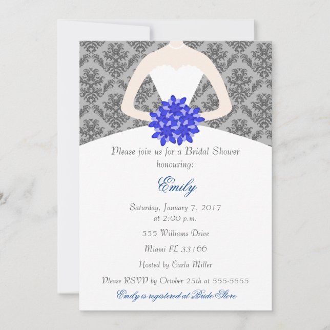 Convite Chá de panela Azul Cinza da Noiva do Damask (Frente)