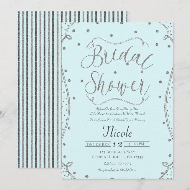 Convite Chá de panela Azul Claro e Prateado (Frente/Verso)