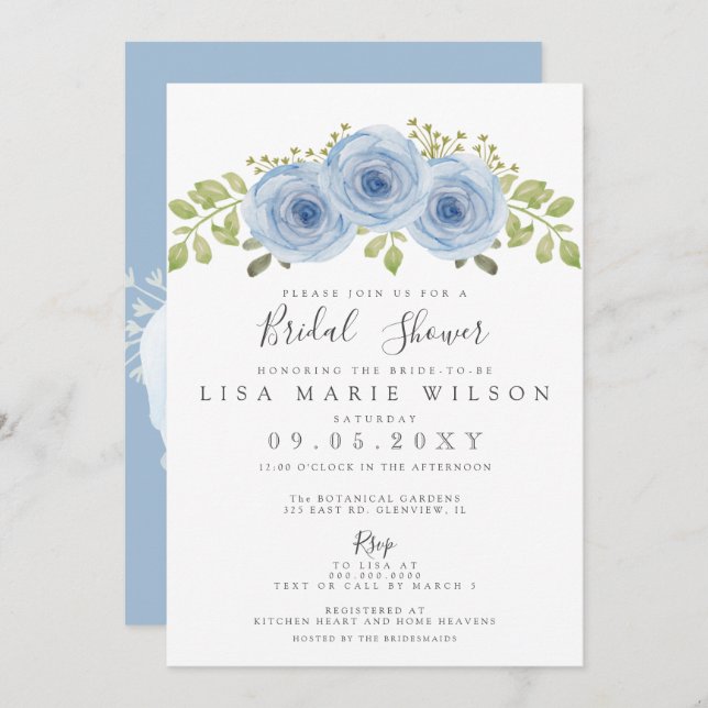 Convite Chá de panela Azul com Dusta Floral Russo Por Aqua (Frente/Verso)