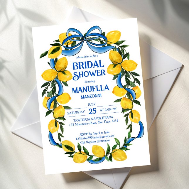 Convite Chá de panela azul de fita arco limão (Lemons blue bow ribbon coquette Italian summer bridal shower invitation template instant download)