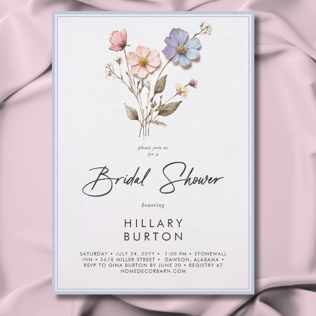 Convite Chá de panela Azul de Flores Selvagens Presas Mode (Modern Pressed Wildflowers Blue Bridal Shower Invitation)