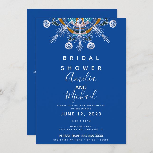 Convite Chá de panela Azul de Mostarda da Boêmia Moderna (Frente/Verso)