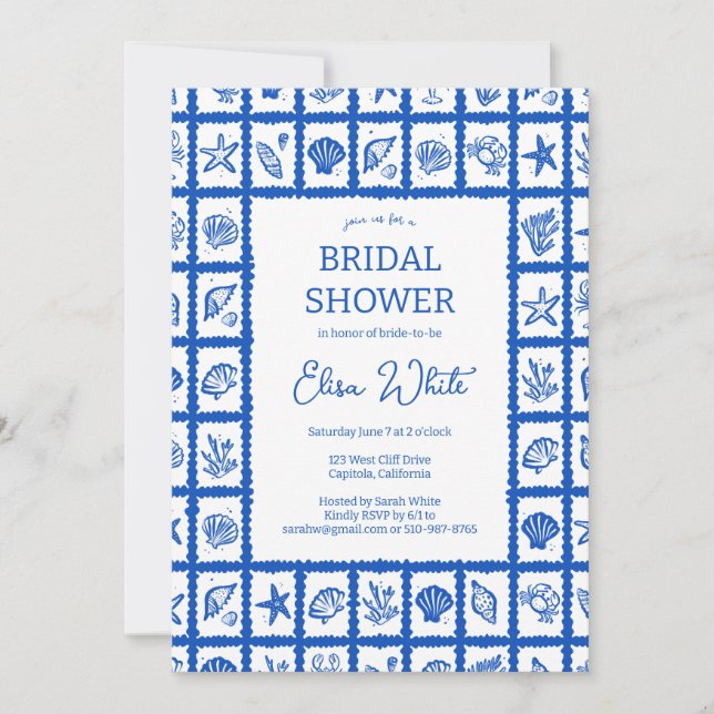 Convite Chá de panela Azul de Praia da Seashell Grid (Frente)
