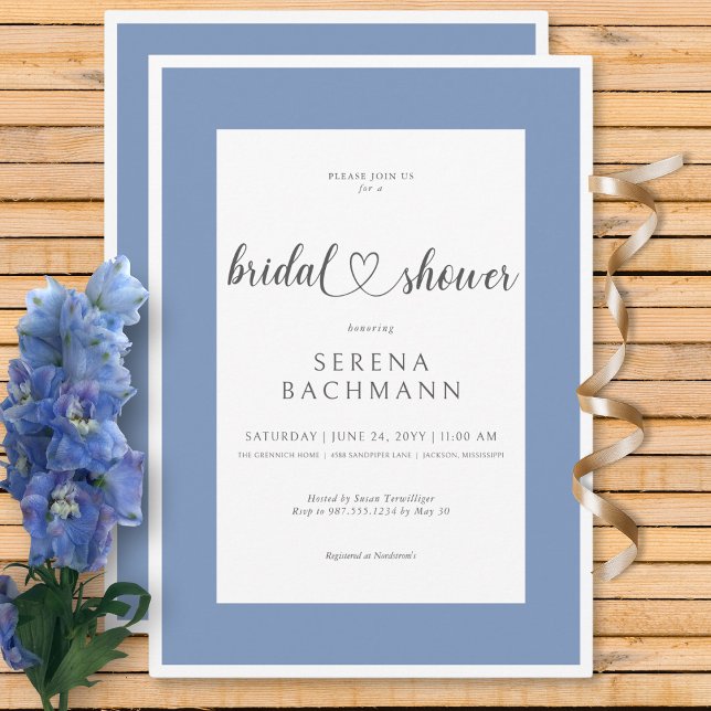 Convite Chá de panela Azul e Branco Romântico Moderno (Modern Romantic Blue & White Bridal Shower Invitation)