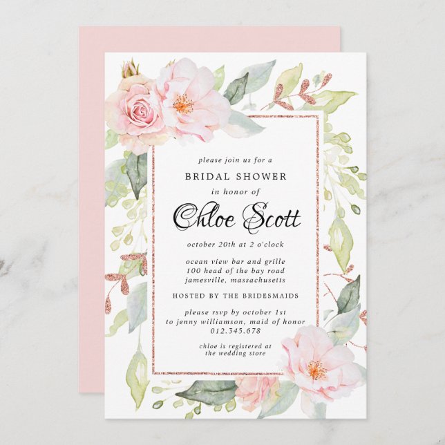 Convite Chá de panela azul e Rosa Dourado elegante (Frente/Verso)