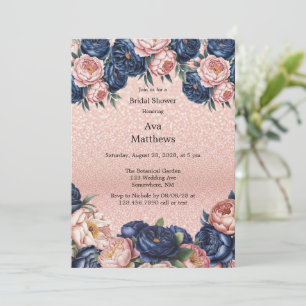 Convite Chá de panela Azul e Rosa Dourado Floral