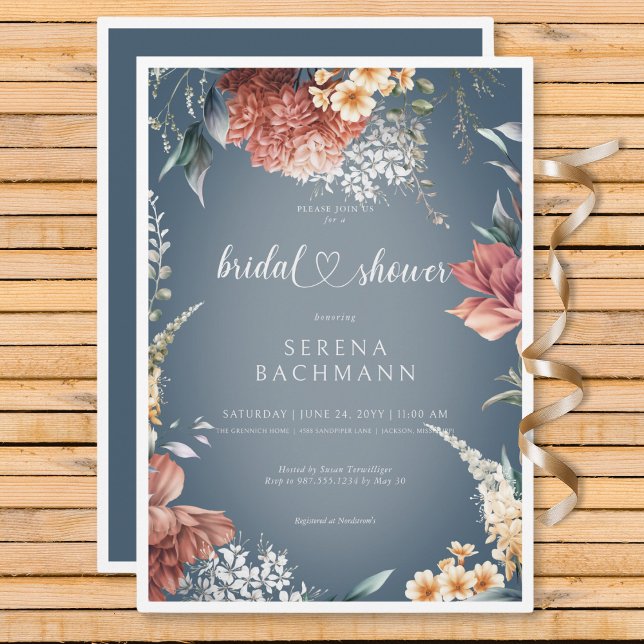 Convite Chá de panela Azul Floral do Jardim Romântico Mode (Modern Romantic Garden Floral Bridal Shower Invitation)