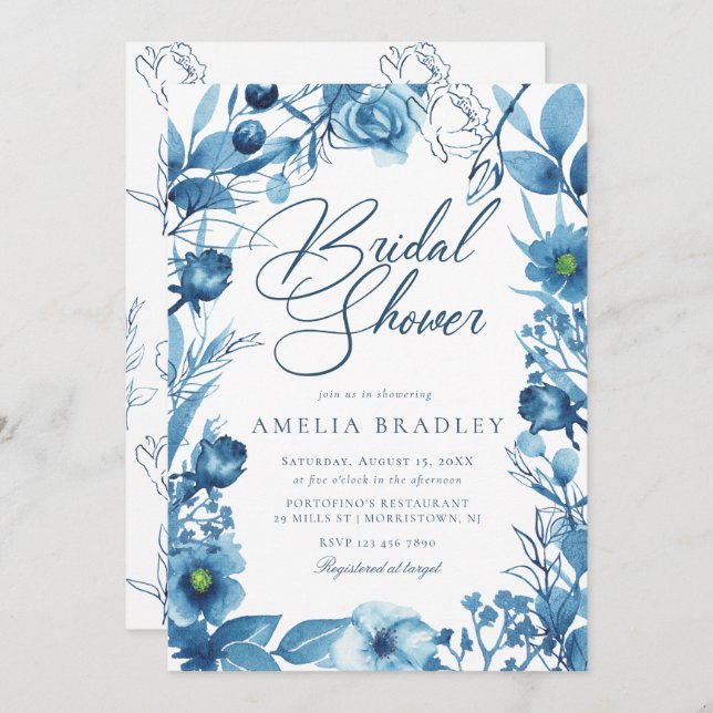 Convite Chá de panela Azul Floral Elegante (Frente/Verso)