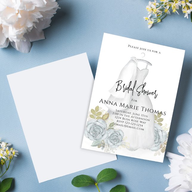 Convite Chá de panela Azul Floral Vestido De Casamento Por (Elegant Bridal Shower invitation with beautiful blue floral roses and wedding gown)