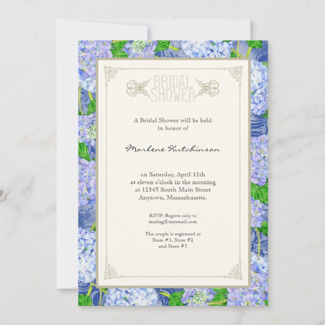 Convite Chá de panela Azul Hydrangea Lace Floral Formal (Frente)