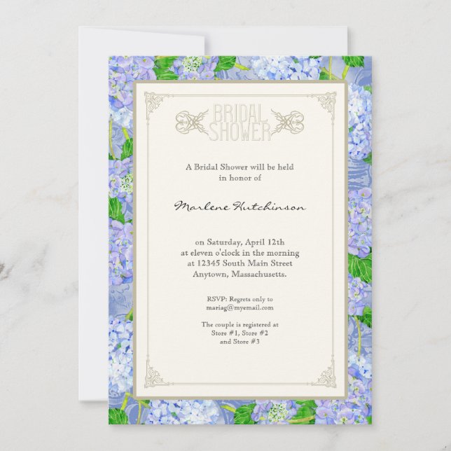 Convite Chá de panela Azul Hydrangea Lace Floral Formal (Frente)