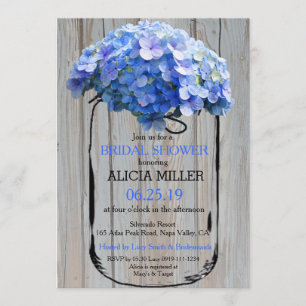 Convite Chá de panela Azul Hydrangeas Mason Jar Barnwood