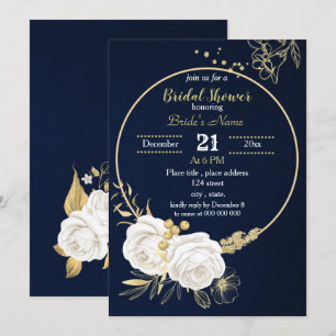 Convite chá de panela azul marinho circular dourado branco