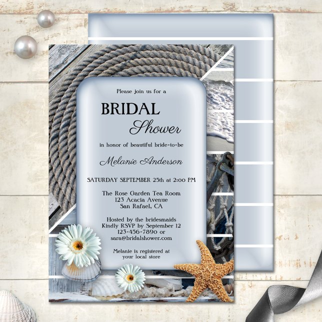 Convite Chá de panela Azul Náutico Beach Boho (Dusty blue bridal shower invitation showing a nautical design with ropes, starfish and shells)