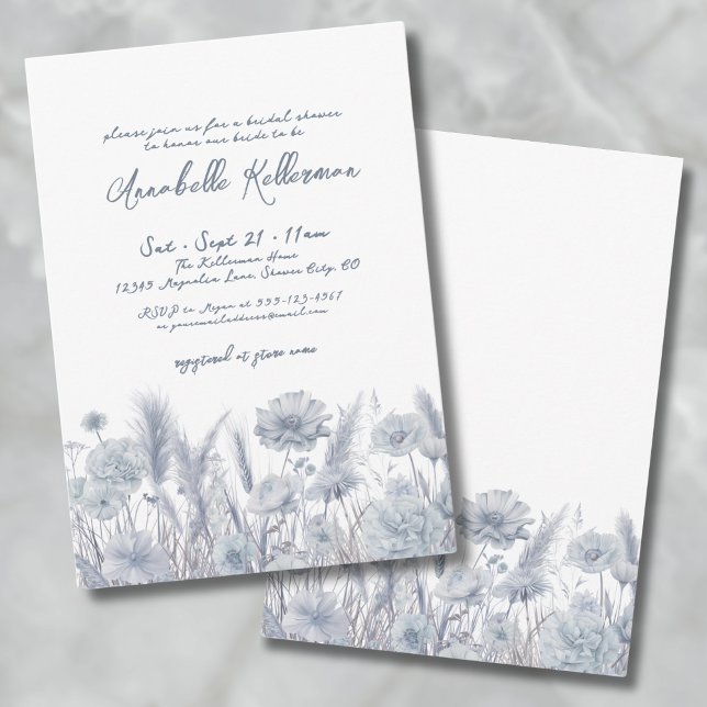 Convite Chá de panela Azul Pampas Floral Dusta Botânica (Botanical Pampas Floral Dusty Blue Bridal Shower Invitation)