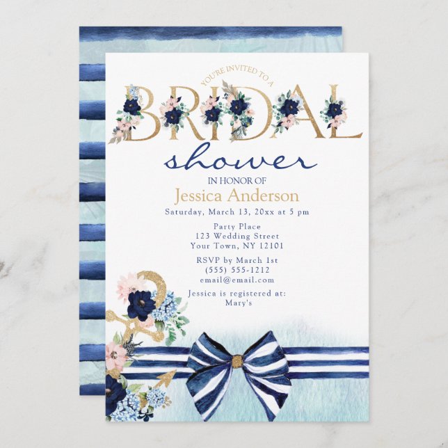 Convite Chá de panela azul-real e Dourado náutico (Frente/Verso)