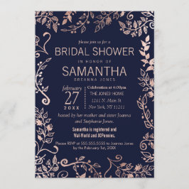 Convite Chá de panela azul Rosa Dourado Elegante Marinho