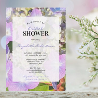 Convite Chá de panela Azul Roxo Hipodrangea Flor temático