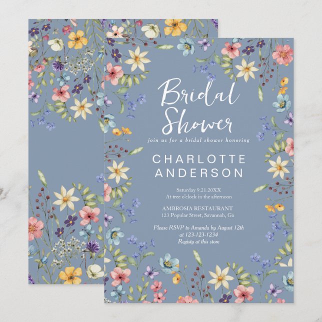 Convite Chá de panela Azul Rústico de Flor Selvagem (Frente/Verso)