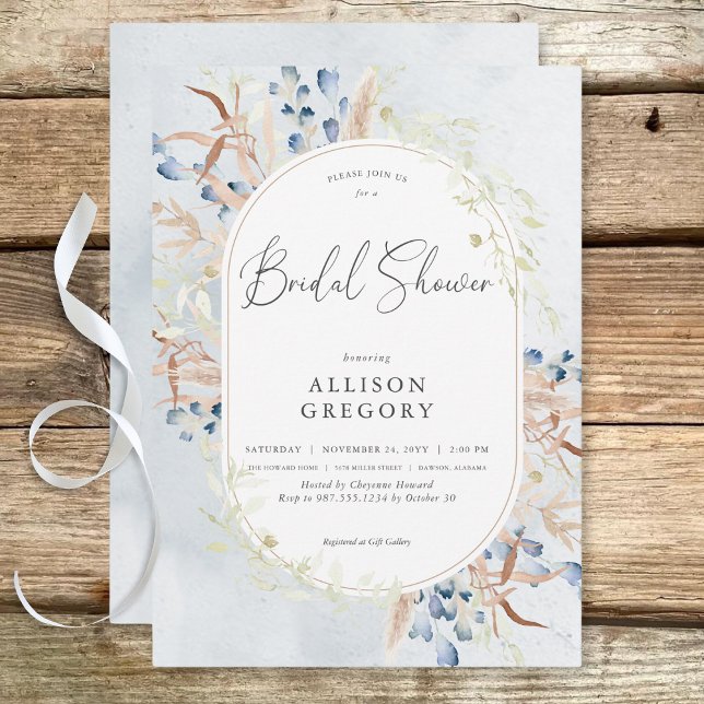 Convite Chá de panela Azul Seco de Flores de Boho (Blue Dried Boho Flowers Blue Bridal Shower Invitation)