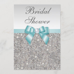 Convite Chá de panela Azul Teal Sequins de Silver Falsos