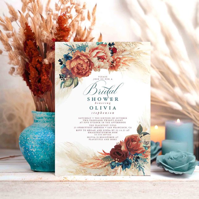 Convite Chá de panela Azul-Terraço Azul-Pampas (Teal and Terracotta Bridal Shower Invitations)