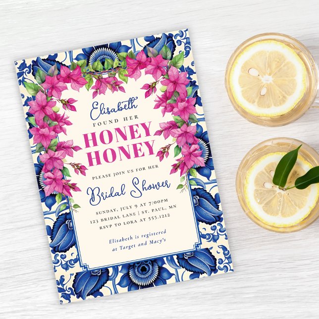 Convite Chá de panela Azulejo Azul Bougainvillea rosa (Pink Bougainvillea Blue Tile Bridal Shower Invitation)