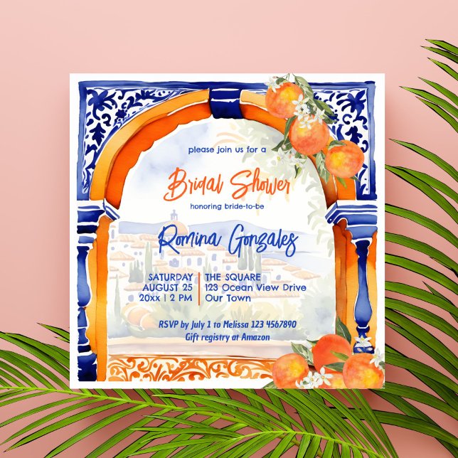 Convite Chá de panela azulejo azulejo talavera azul-laranj (Orange blue azulejo talavera Spanish Mexican tiles citrus  bridal shower invitation template)