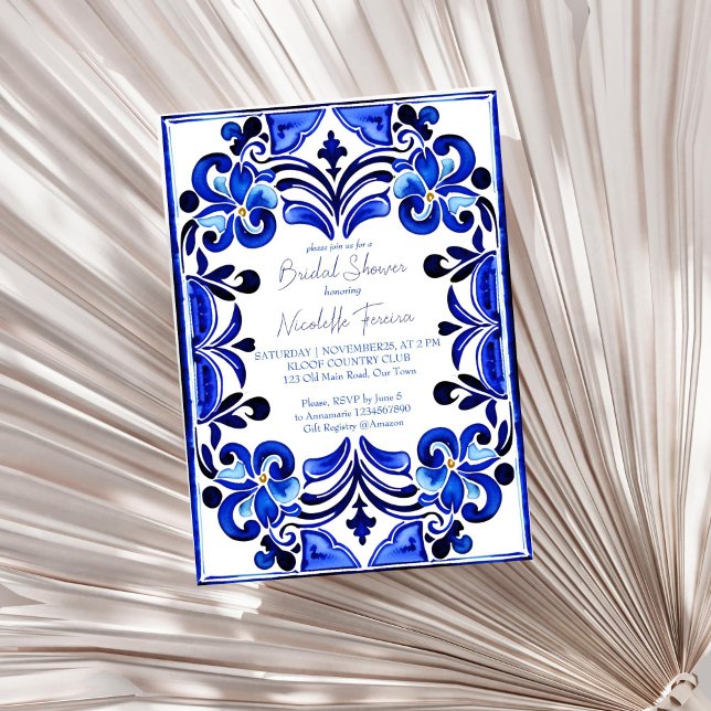 Convite Chá de panela azulejo francês azul mediterrânico (French Blue Mediterranean tiles bridal shower Invitation template digital download white blue themed)