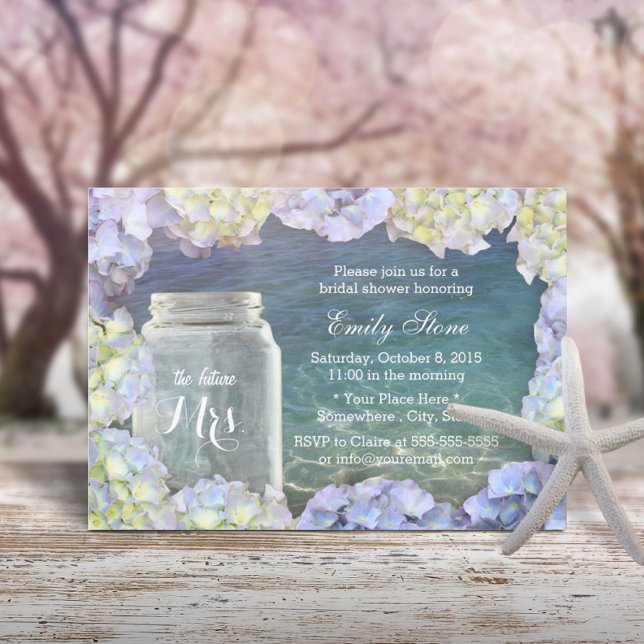 Convite Chá de panela Beach Weding Mason Jar & Hydrangea (Criador carregado)