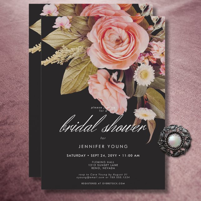 Convite Chá de panela Black Moody Blush Bloush (Black Moody Pink Blush Blooms Bridal Shower Invitation)