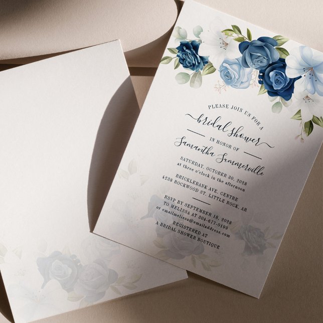 Convite Chá de panela Blush Azul-Floral Verde Dusty (Dusty Blue Floral Bridal Shower Invitation Front and Back view)