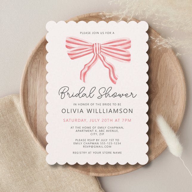 Convite Chá de panela Blush do Arco Coquette (Modern blush pink bridal shower invitation with striped bows, coquette aesthetic. Matching range.)