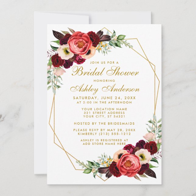 Convite Chá de panela Boho Burgundy Floral Invite G (Frente)