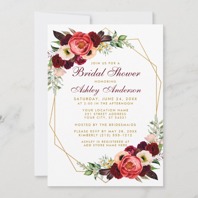 Convite Chá de panela Boho Burgundy Floral Invite GB (Frente)
