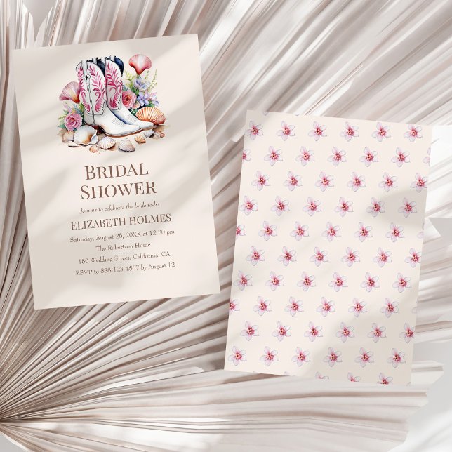 Convite Chá de panela Boho Coastal Cowgirl (Boho Coastal Cowgirl Bridal Shower Invitation on a white dry palm leaf.)