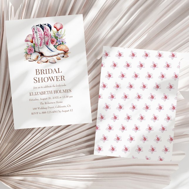 Convite Chá de panela Boho Coastal Cowgirl (Boho Coastal Cowgirl Bridal Shower Invitation on a sunny white dry palm leaf.)