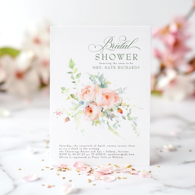 Convite Chá de panela Boho de Flores Rosa Suave Elegante (Pink Flowers Bridal Shower Invitations)