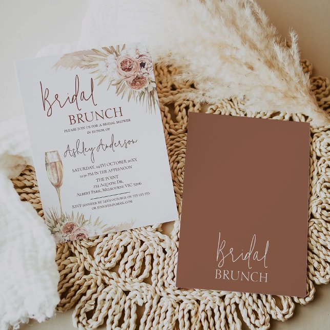 Convite Chá de panela Boho Floral Palm Pampas (Boho floral and champagne glass bridal brunch bridal shower invitation with a terracotta back.)