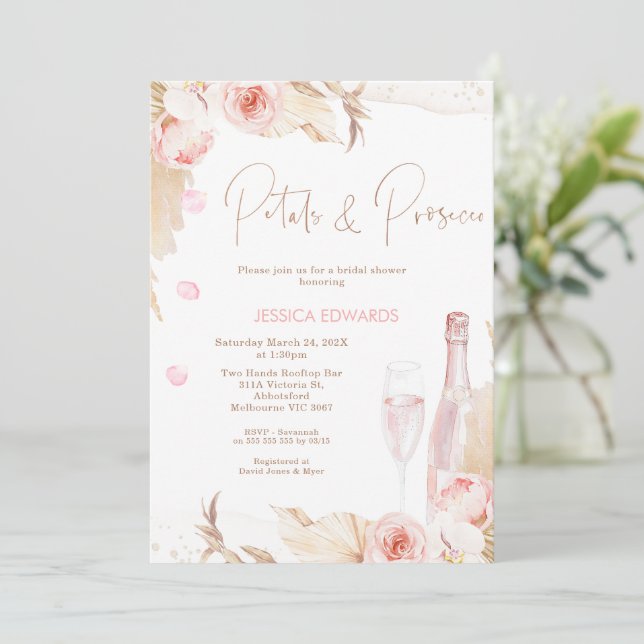 Convite Chá de panela Boho Pink Floral Prosecco (Em pé/Frente)