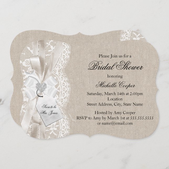 Convite Chá de panela bonito Vintage Lace & Burlap (Frente/Verso)