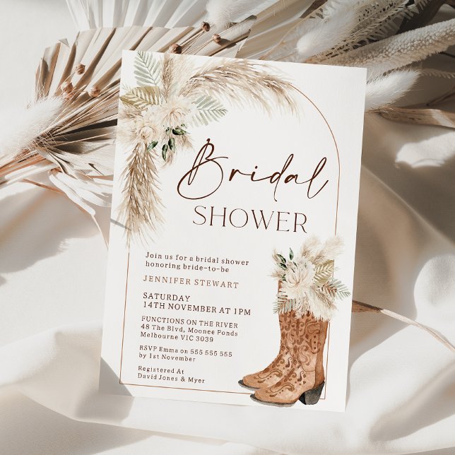 Convite Chá de panela Boots Floral Boot Boho Beige (Boho Floral Boots Bridal Shower Invitation, Arch Pampas Grass Bohemian Beige Floral Cowgirl Boots)