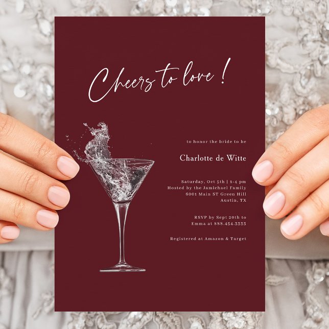 Convite Chá de panela Borgonha - Saúde ao Amor (Elegant Burgundy Cheers To Love Bridal Shower Invitation)